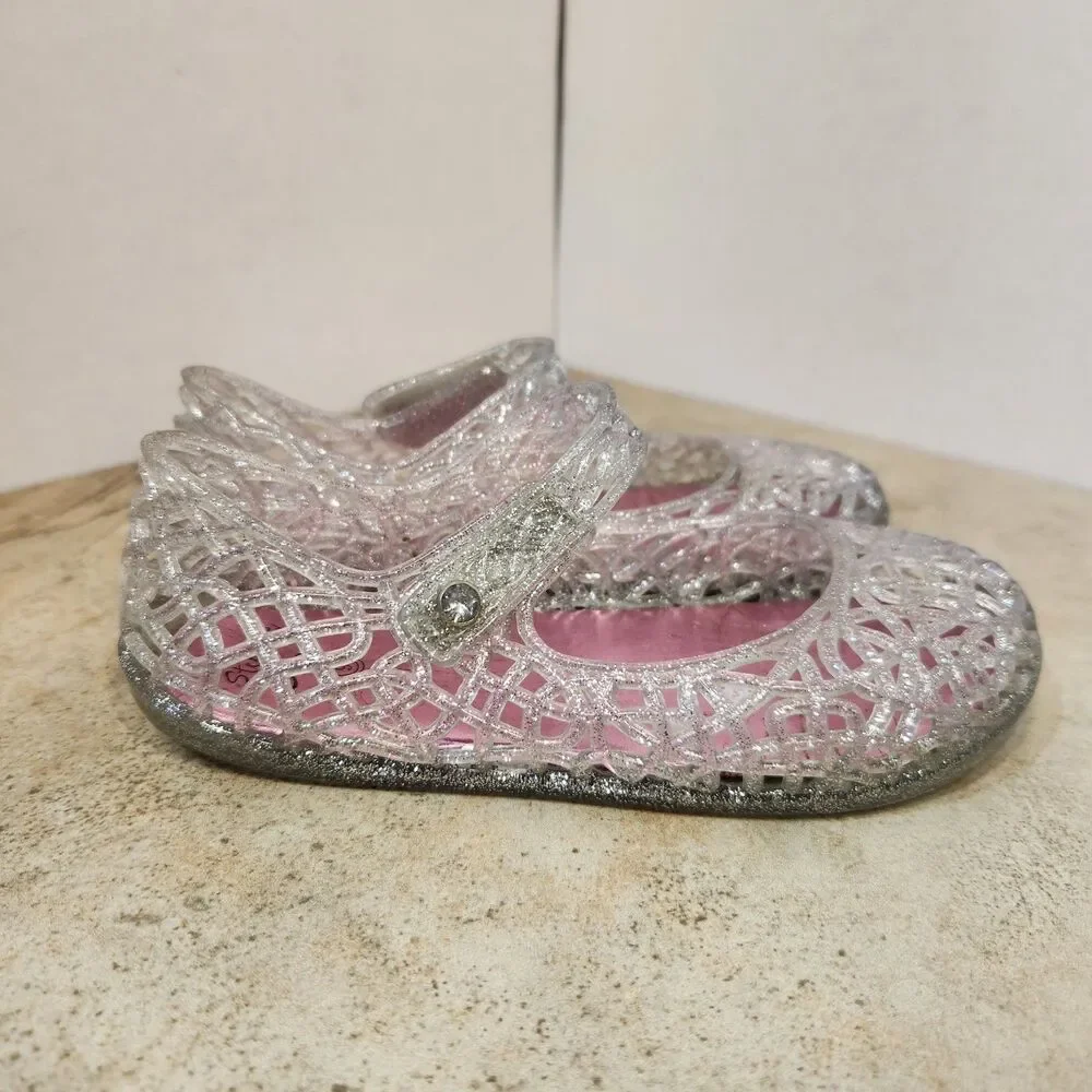 Stepping Stones Girls US 9 Silver Glitter Mary Jane Jelly Sandals Round Toe